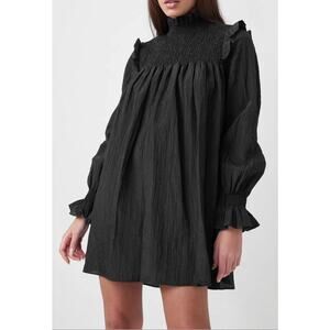 French Connection Black Boza Crinkle LS Smocked Mini Dress Women's Large